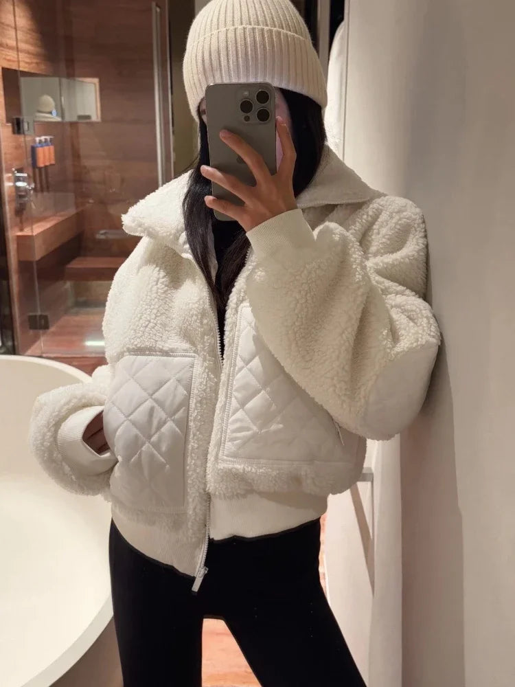 White Winter Jacket Women Lamb Fleece Zipper High Waist Short Jacket Fashion Thickened Stand Collar Black Jackets for Women