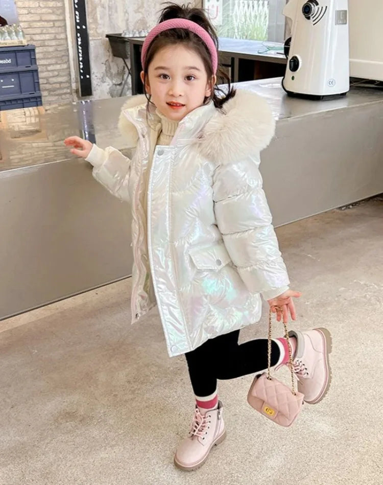 Winter Girls Down Jacket with Faux Fur Lining - Thermal Insulation Windproof Stain Resistant Coat for Medium To Large Kids
