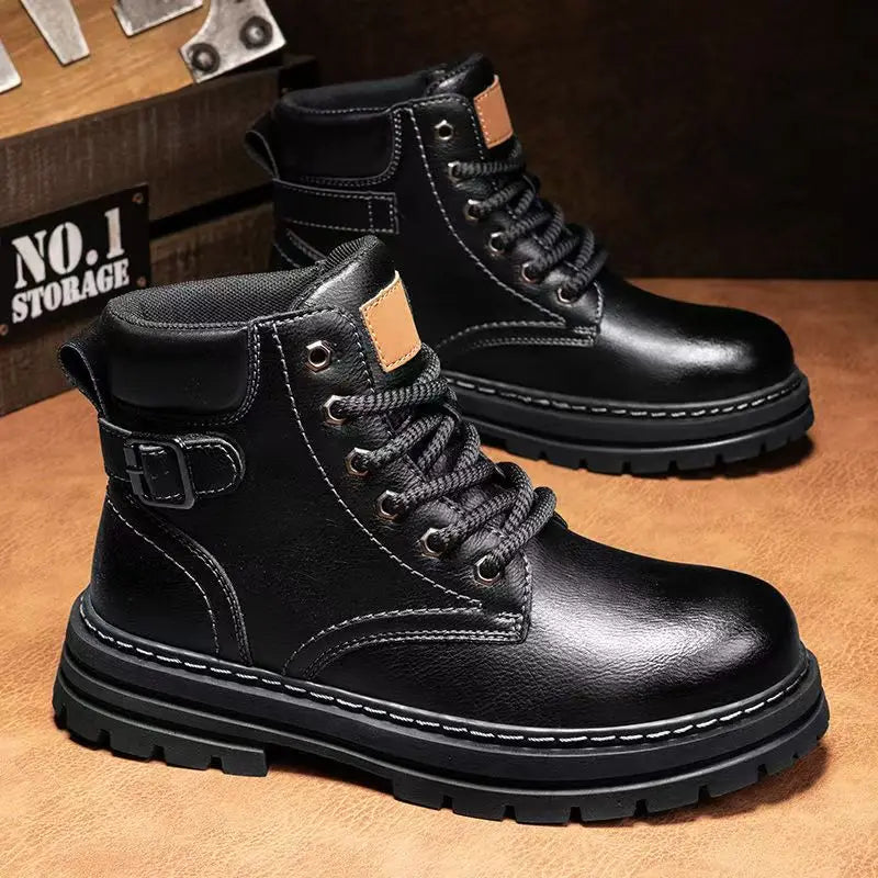 Men's Work Boots Autumn Winter New Leather High Top Thick Sole Non Slip Waterproof Lace Up Plush Warm Cotton Boots Snow Boots