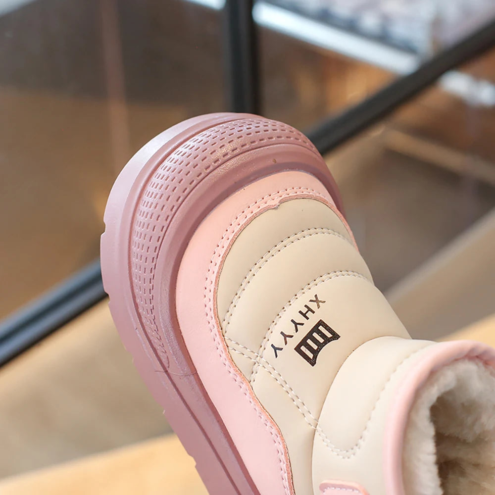 PU Leather Snow Boots For Children Waterproof Thick Warm Girl's Plush Boots Faux Fur Winter Cotton Shoes For Teenager Kids