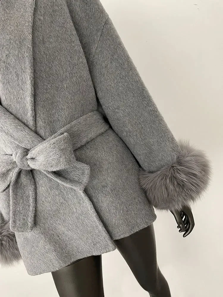 2024 New Winter Jacket for Women Natural Fox Fur Collar Thickened Warm Cashmere Wool Double-sided Coat Fashion V-neck Commuting