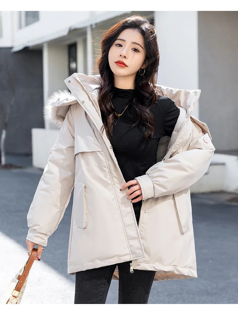 CJFHJE Parkas Winter Jackets Women Chaquetas Para Mujeres Waist Big Fur Collar Warm Down Jacket Outdoor Coat Abrigos De Plumas