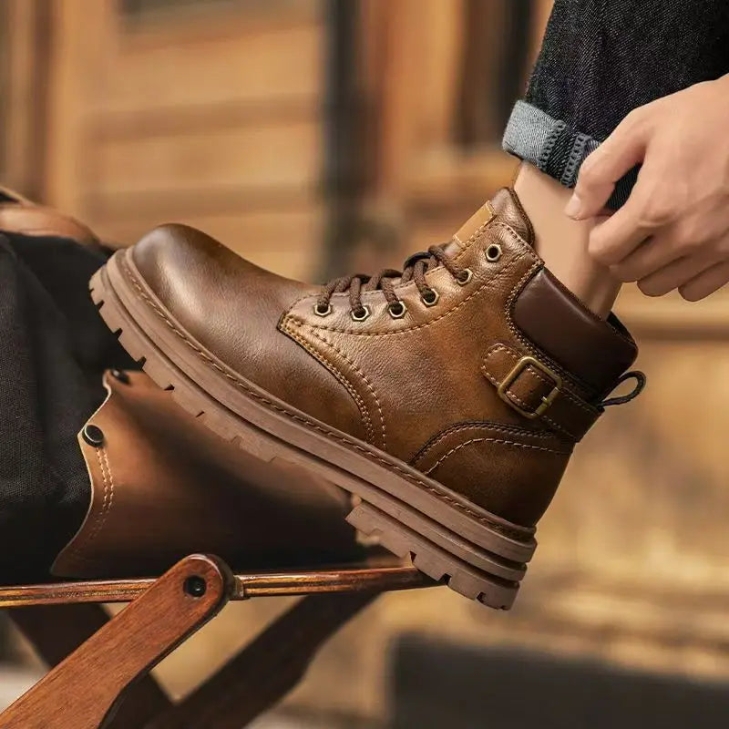 Men's Work Boots Autumn Winter New Leather High Top Thick Sole Non Slip Waterproof Lace Up Plush Warm Cotton Boots Snow Boots