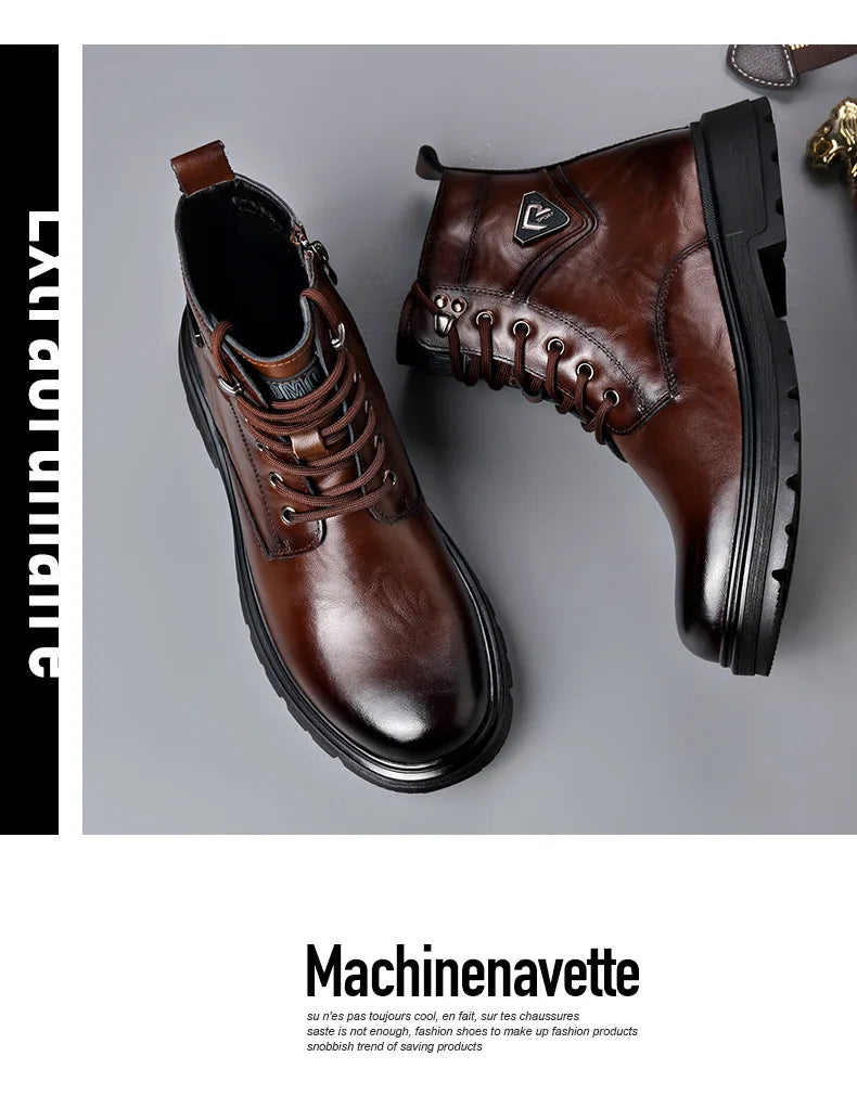 Autumn Winter Side Zipper Genuine Leather Boots for Men Fashion Casual Warm Cotton Work Shoes Man New Designer Ankle Boots Male