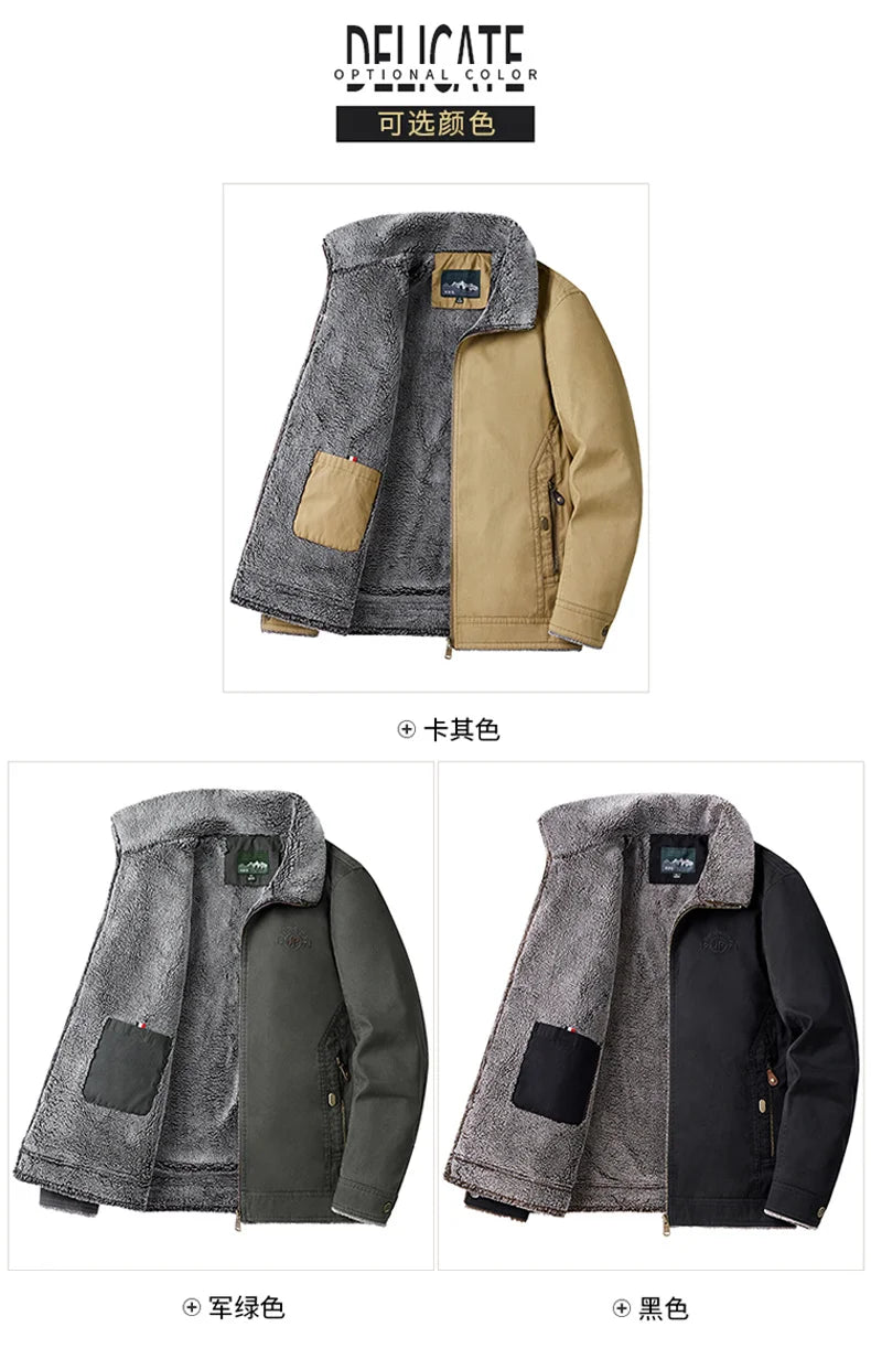Autumn Winter Men's Jacket High Quality Clothing Thick Sheep Fur Collar Velvet Windproof Coat Male Casual Soft Fleece Warm Parka