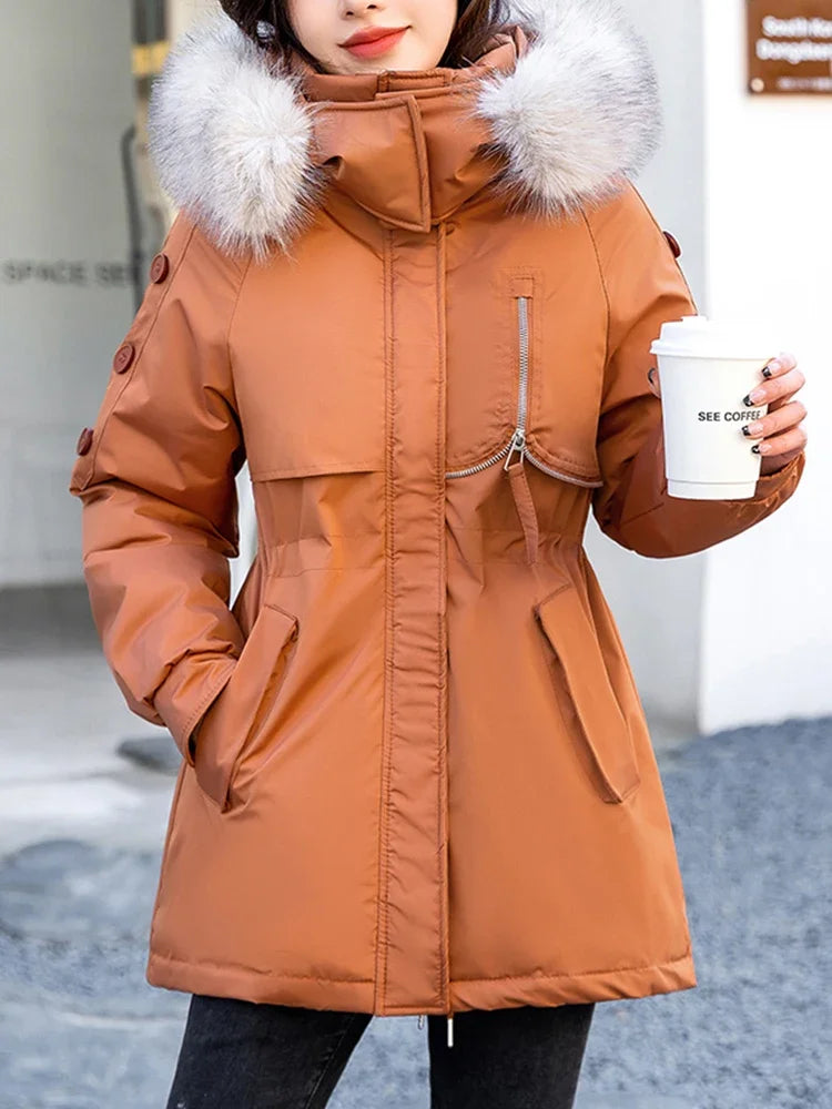 CJFHJE Parkas Winter Jackets Women Chaquetas Para Mujeres Waist Big Fur Collar Warm Down Jacket Outdoor Coat Abrigos De Plumas
