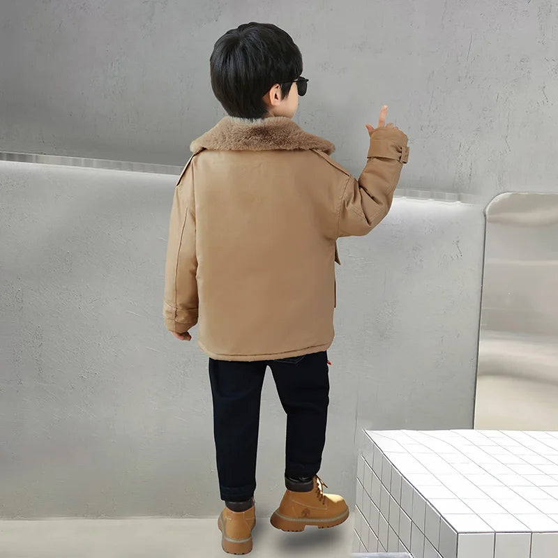 Winter Boys Insulated Jacket Child Khaki Color Retro Plus Thicken Coat Warm Outerwear High Quality Clothes Kids Windbreaker Coat