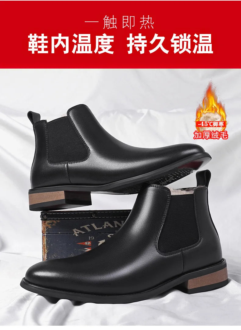 Winter New Men's Boots Genuine Leather Luxury Chelsea Boots Hidden Heels 6CM Height Increasing Shoes Man Outdoor Keep Warm Boots