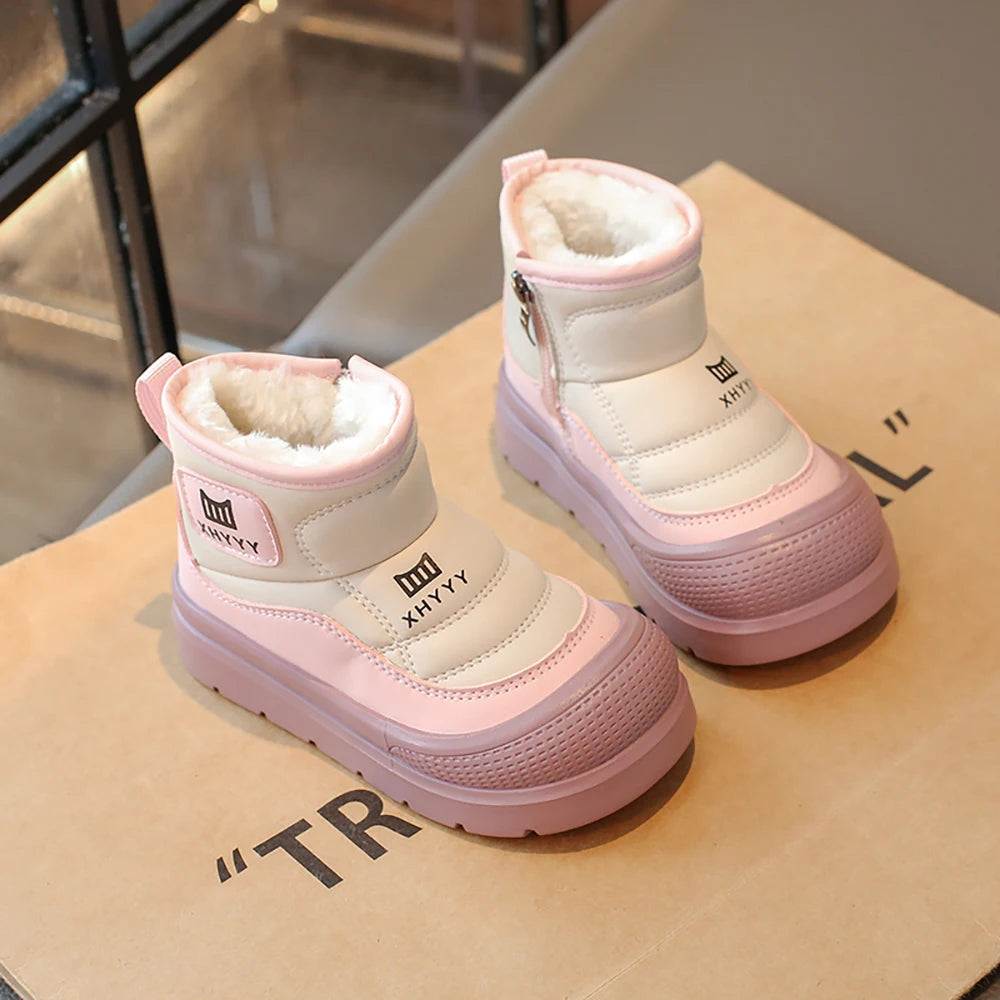 PU Leather Snow Boots For Children Waterproof Thick Warm Girl's Plush Boots Faux Fur Winter Cotton Shoes For Teenager Kids