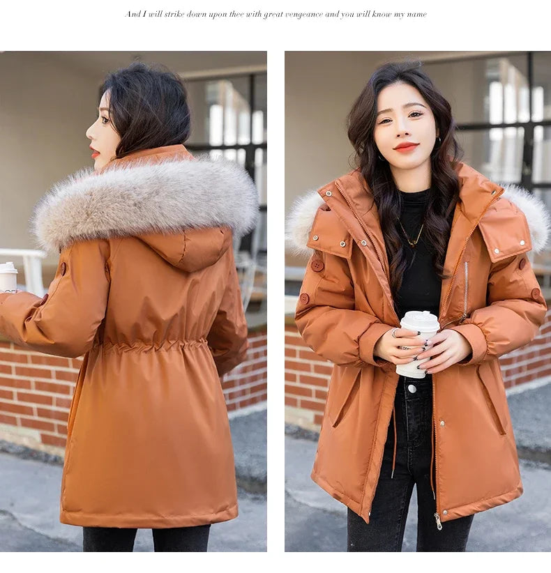 CJFHJE Parkas Winter Jackets Women Chaquetas Para Mujeres Waist Big Fur Collar Warm Down Jacket Outdoor Coat Abrigos De Plumas