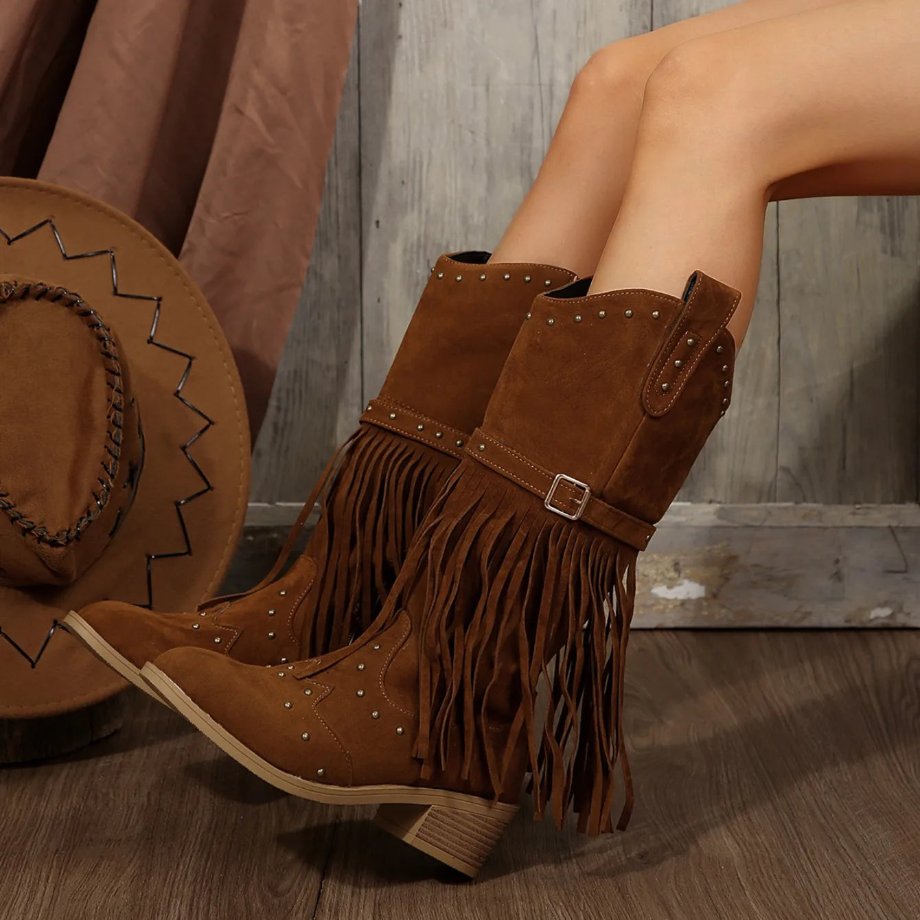 2024 Winter Women Fringes Thick Heel High Boots Suede Pointed Toe Outdoor Fashion Platform Shoes Willow Nails Pumps Women Shoes