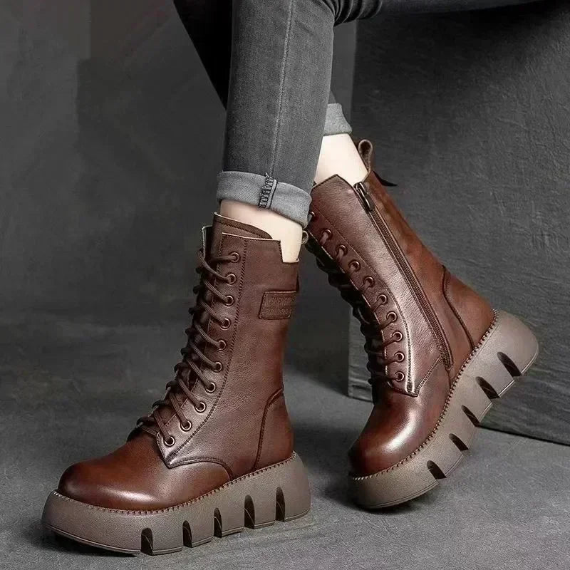 Winter Leather Women Boots 2025 Short Plush Mid-heel Snow Boots Lace Up Warm Lady Platform Biker Ankle Boots for Women Shoes