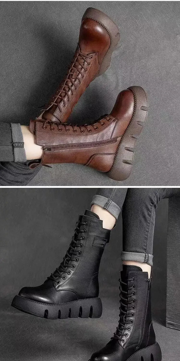 Winter Leather Women Boots 2025 Short Plush Mid-heel Snow Boots Lace Up Warm Lady Platform Biker Ankle Boots for Women Shoes