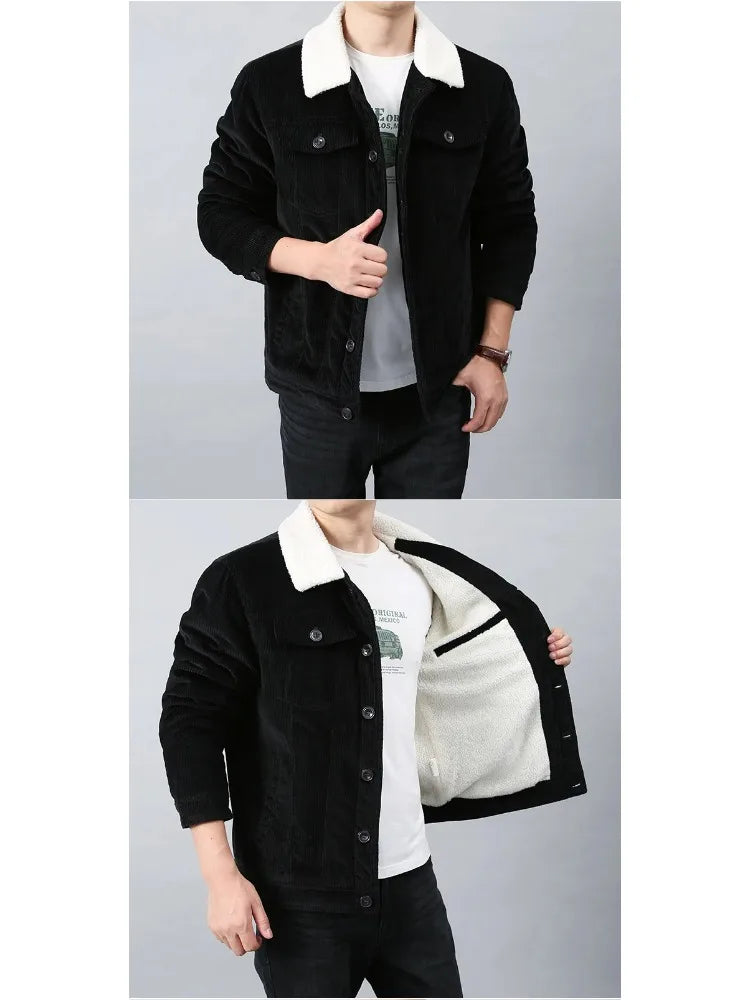 Male Cotton Jackets Padded Warm Loose Parka Coat Corduroy Short Jacket Man Solid Fur Collar Windbreaker Winter Men Fleece Jacket