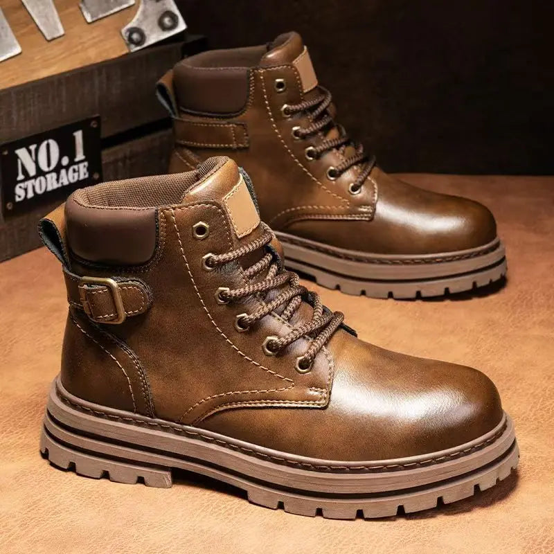 Men's Work Boots Autumn Winter New Leather High Top Thick Sole Non Slip Waterproof Lace Up Plush Warm Cotton Boots Snow Boots
