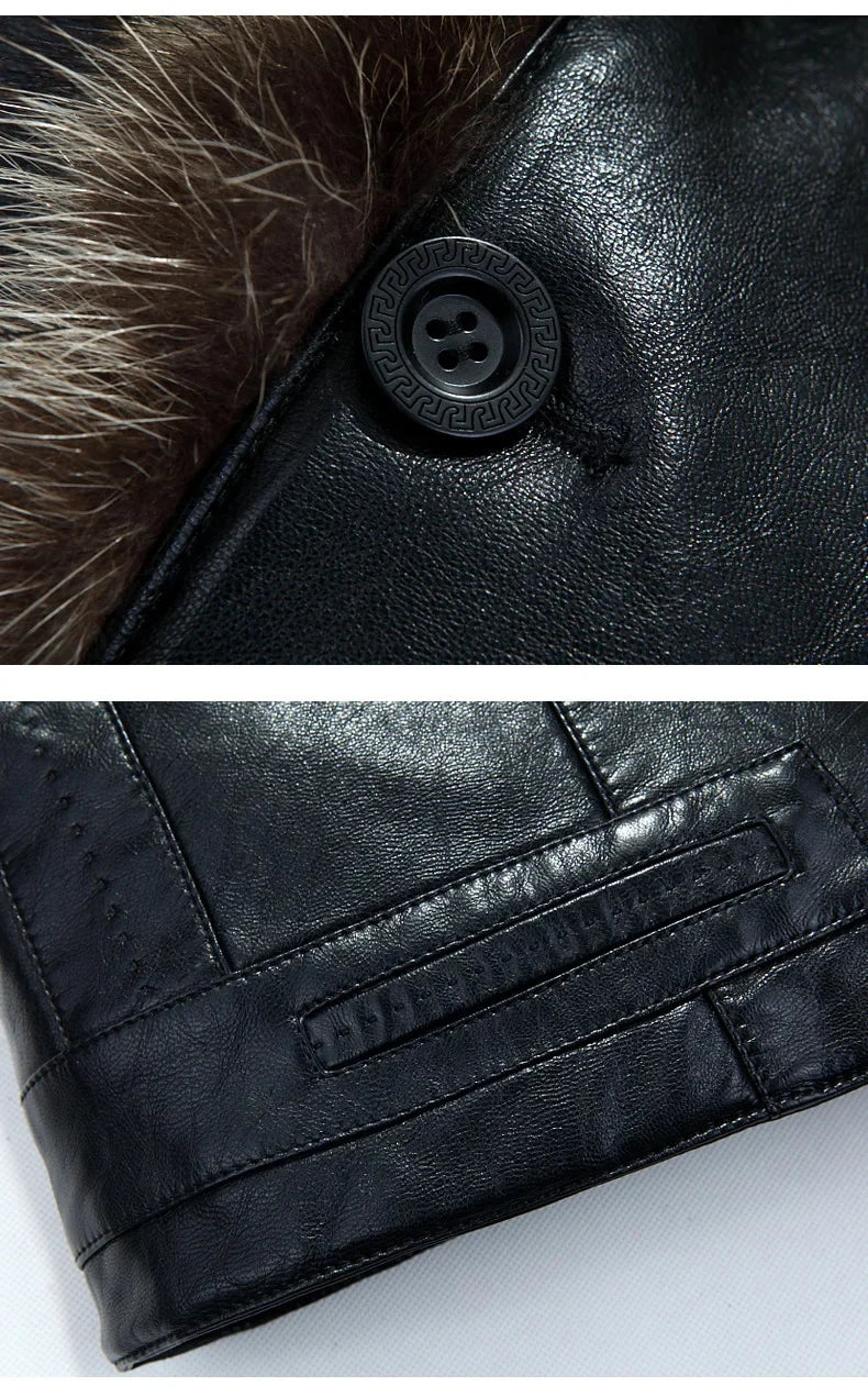 Winter New Leather Jacket for Men Short Plush Thickened Jackets 2025 Men's Raccoon Fur Collar Lapel Coats Jaqueta Couro