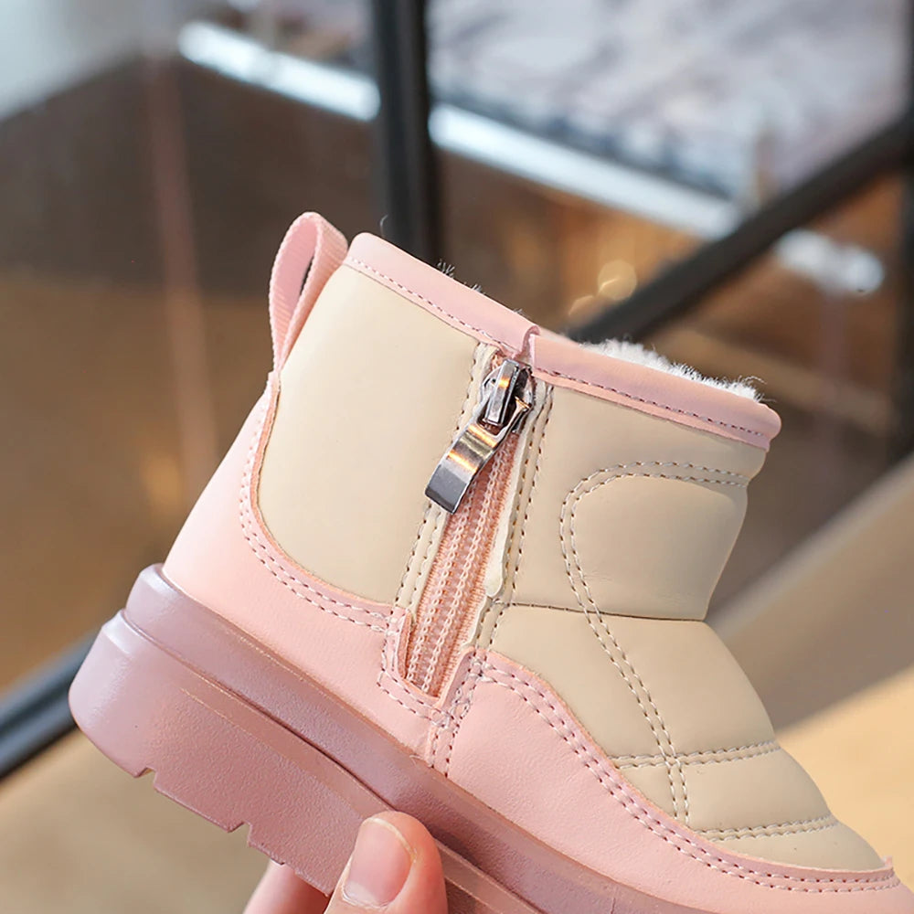 PU Leather Snow Boots For Children Waterproof Thick Warm Girl's Plush Boots Faux Fur Winter Cotton Shoes For Teenager Kids