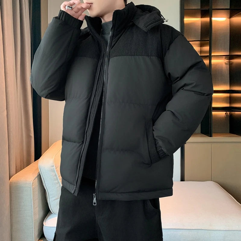 Winter Parka Jacket Men Removable Hood Thicken Keep Warm Cold Weather Windproof Coats Patchwork Cotton Padded Puffer Jacket