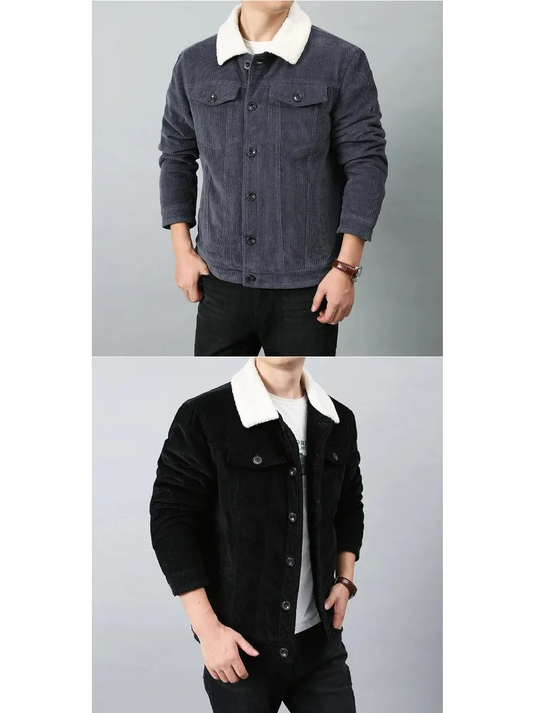 Male Cotton Jackets Padded Warm Loose Parka Coat Corduroy Short Jacket Man Solid Fur Collar Windbreaker Winter Men Fleece Jacket
