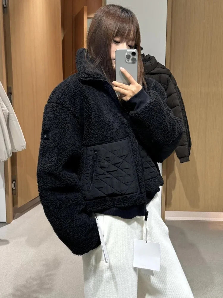 Winter Women‘s Lamb Fleece Jacket Casual Fashion Thick Warm Short Coat Stand Collar Zipper Loose Solid Long Sleeve Jackets Women