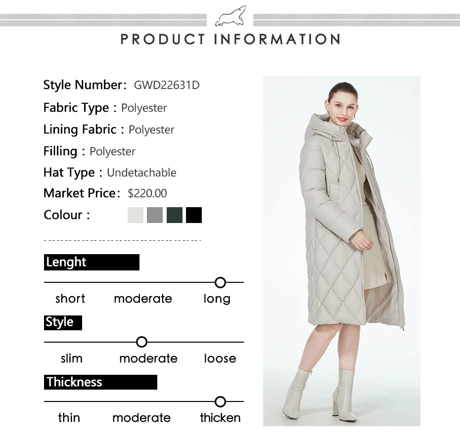 ICEbear-Women's Diamond Quilted Jacket, Lengthened Style, Padded Parka, Warm Cotton Coat, Lengthened, Winter, 2023, GWD22631D