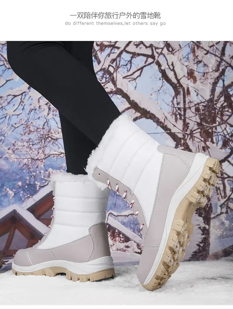 2025 Winter Women's Waterproof High Heel Boots Strap Up Flat Heel Boots Warm Snow Shoes, Plush Outdoor Fashion Casual Boots