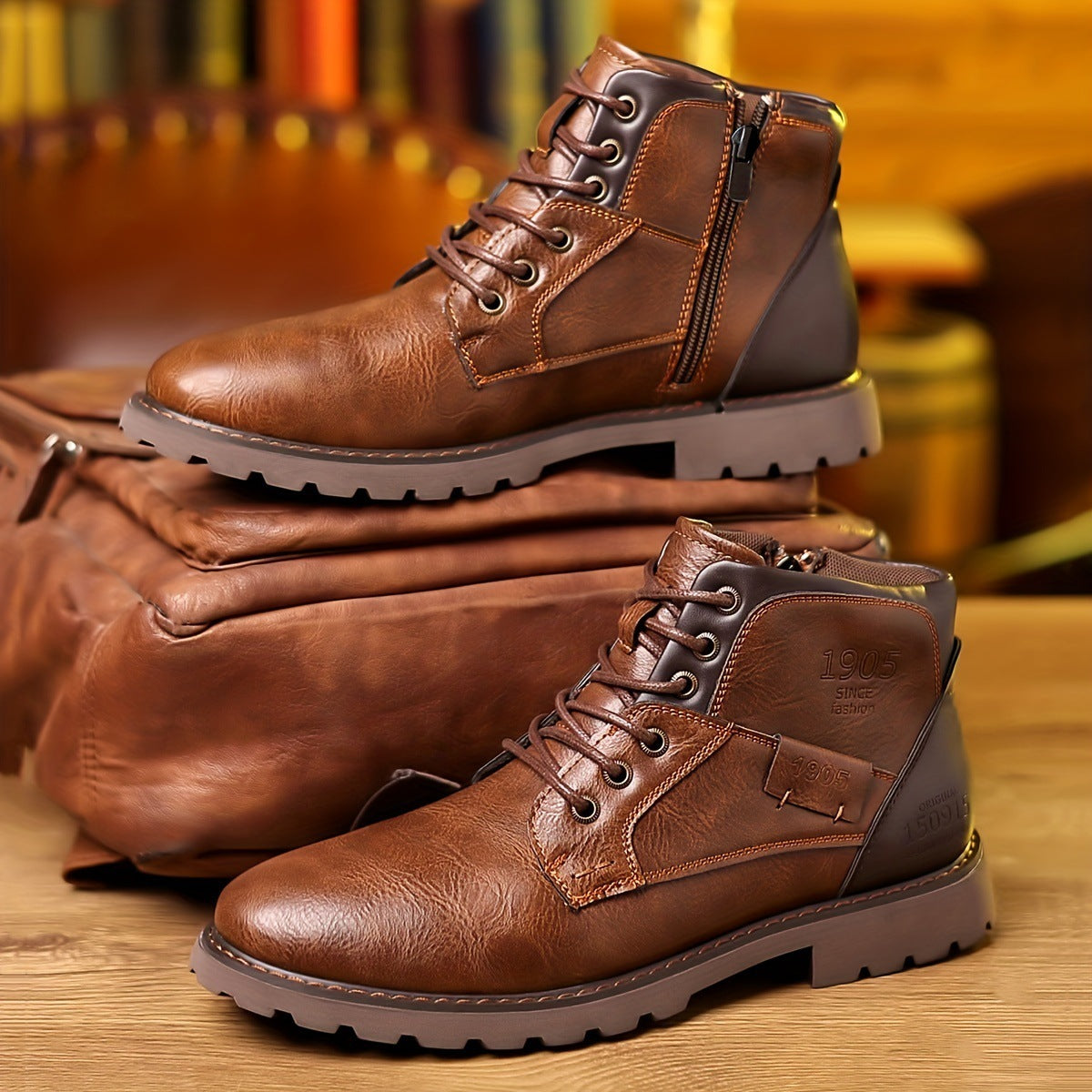 Bottes en cuir décontractées à fermeture éclair latérale et à tube central pour hommes, couleurs assorties