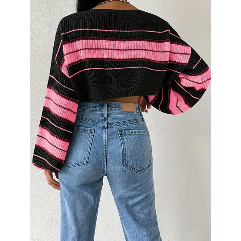 Women's Color Block Striped Sweater Crew Neck Lantern Sleeve