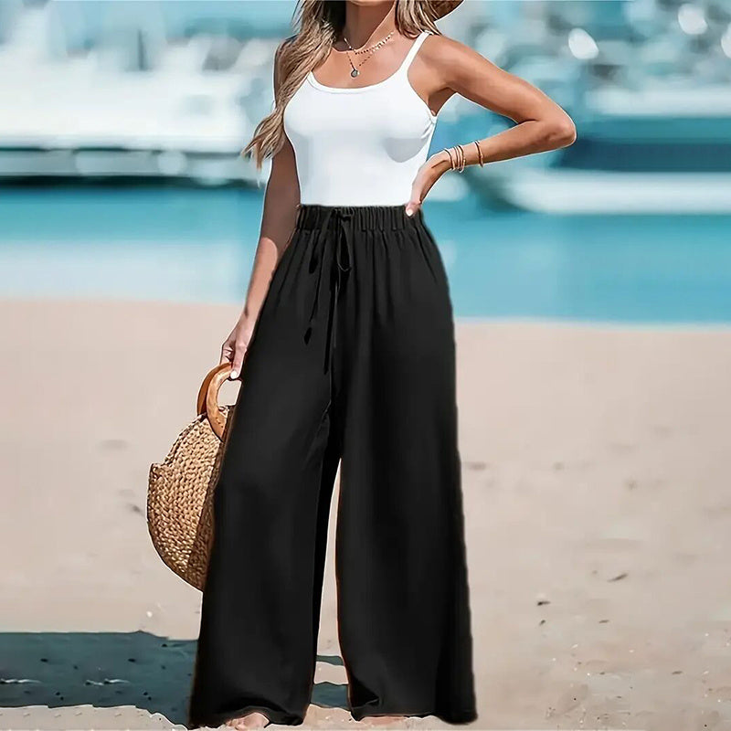 Women's Elastic High Waist Wide Leg Pants.