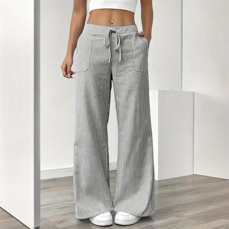 Women's Striped Print Straight Wide Leg Pants Drawstring Waist Slant