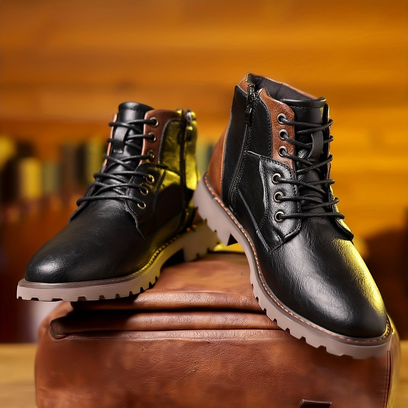 Bottes en cuir décontractées à fermeture éclair latérale et à tube central pour hommes, couleurs assorties