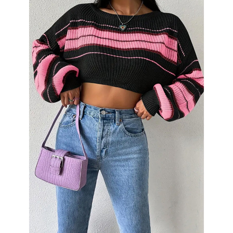 Women's Color Block Striped Sweater Crew Neck Lantern Sleeve