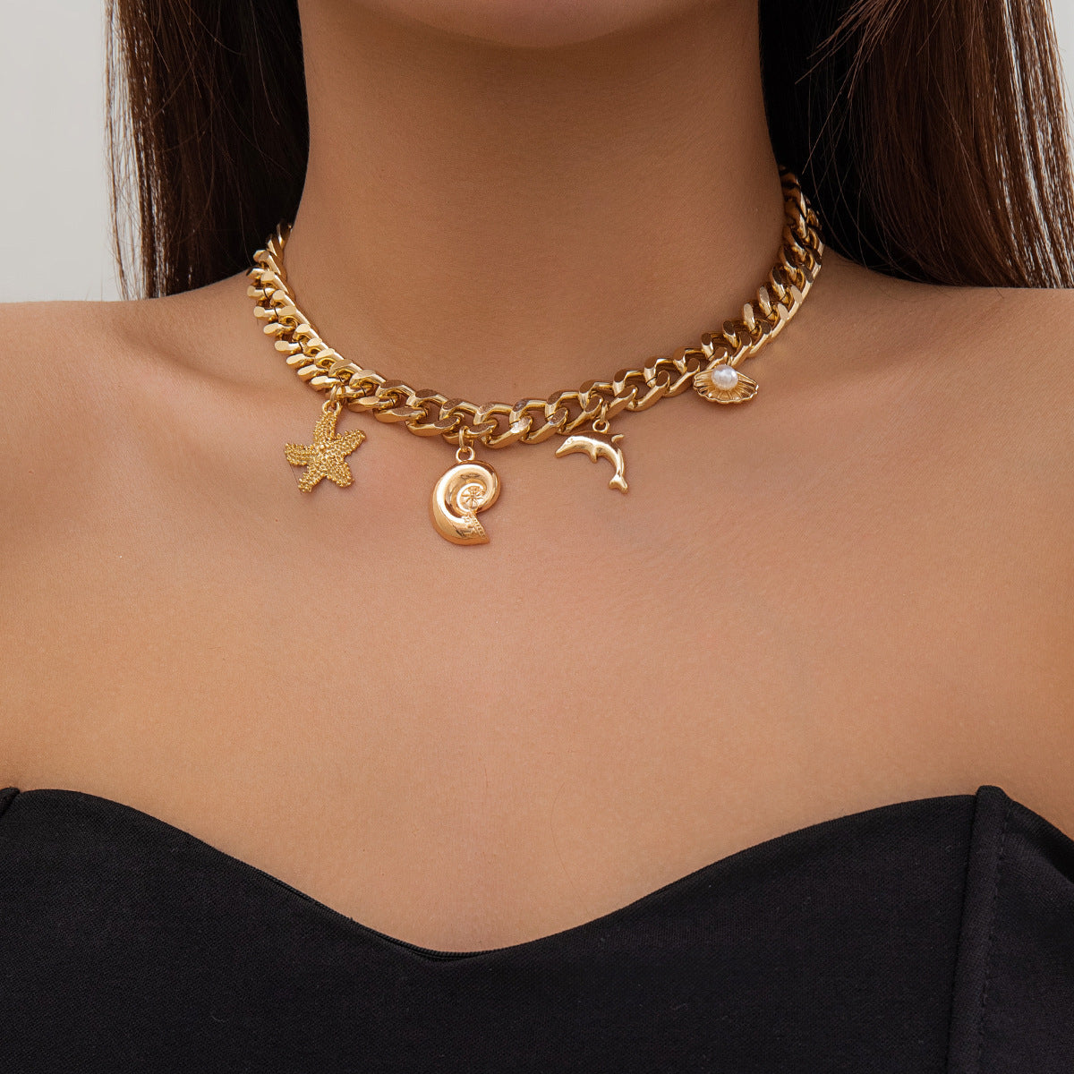 Creative Boho Conch Dolphin Starfish Pendant Choker Necklace
