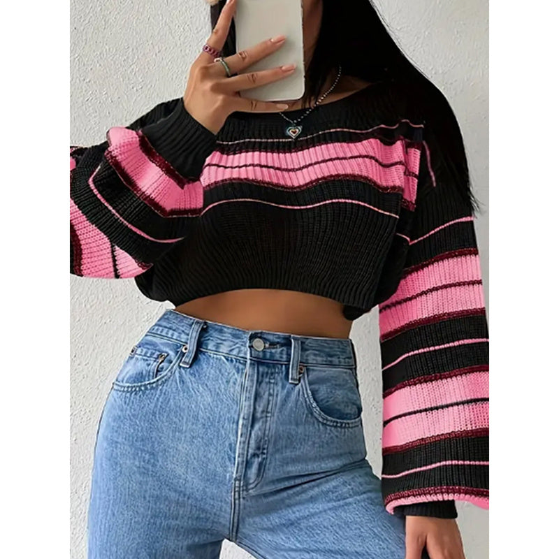 Women's Color Block Striped Sweater Crew Neck Lantern Sleeve