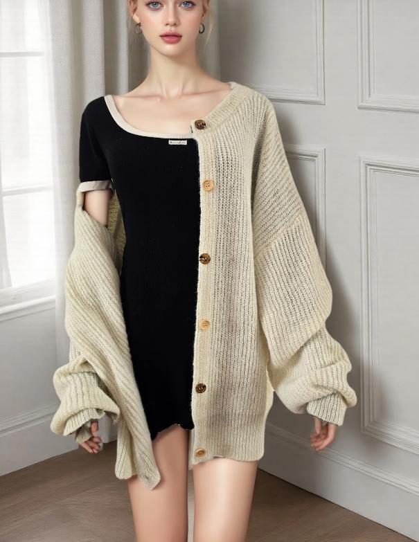 Women's Knitted Cardigan Sweater, Contrast Buttons, Chunky Knit, Gold Cuffs