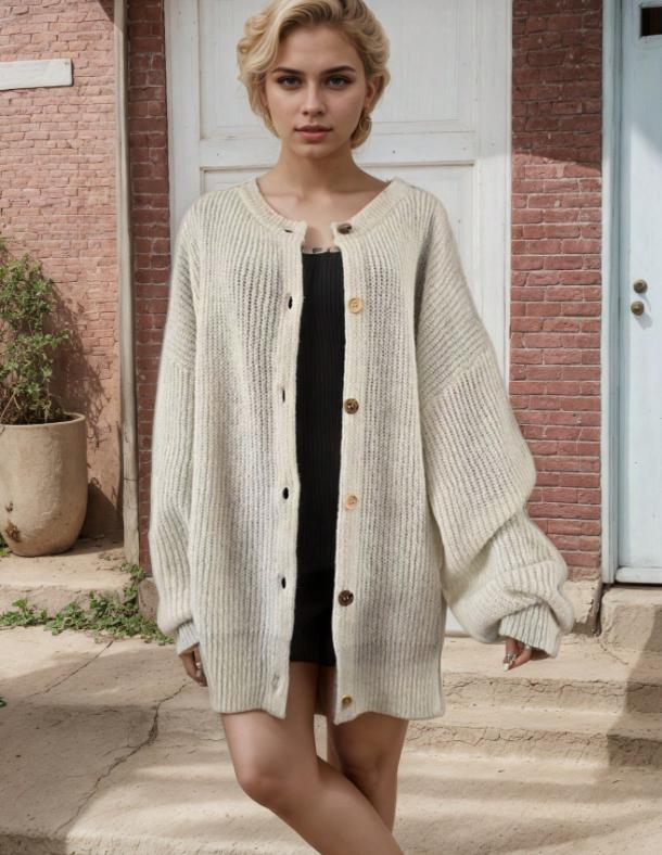 Women's Knitted Cardigan Sweater, Contrast Buttons, Chunky Knit, Gold Cuffs