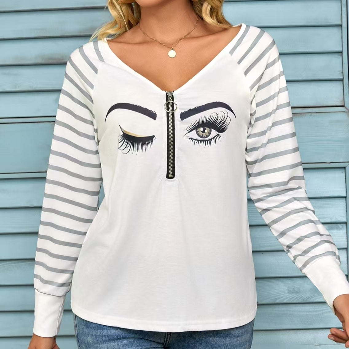 Ladies' Casual Striped See Through Mesh Raglan Long Sleeved