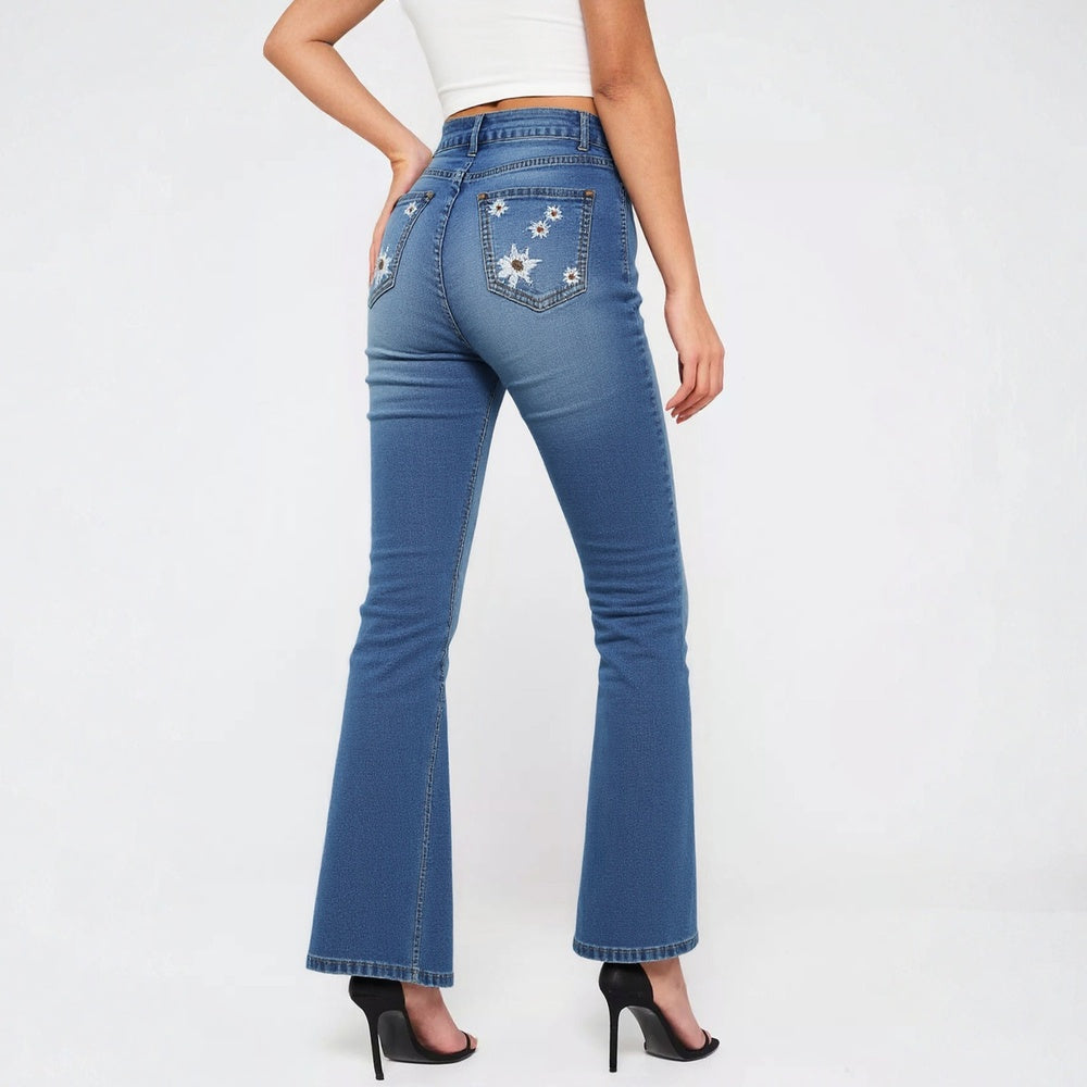 Women's High-Waist Star Patch Jeans, Wide-Leg Full-Length Jeans