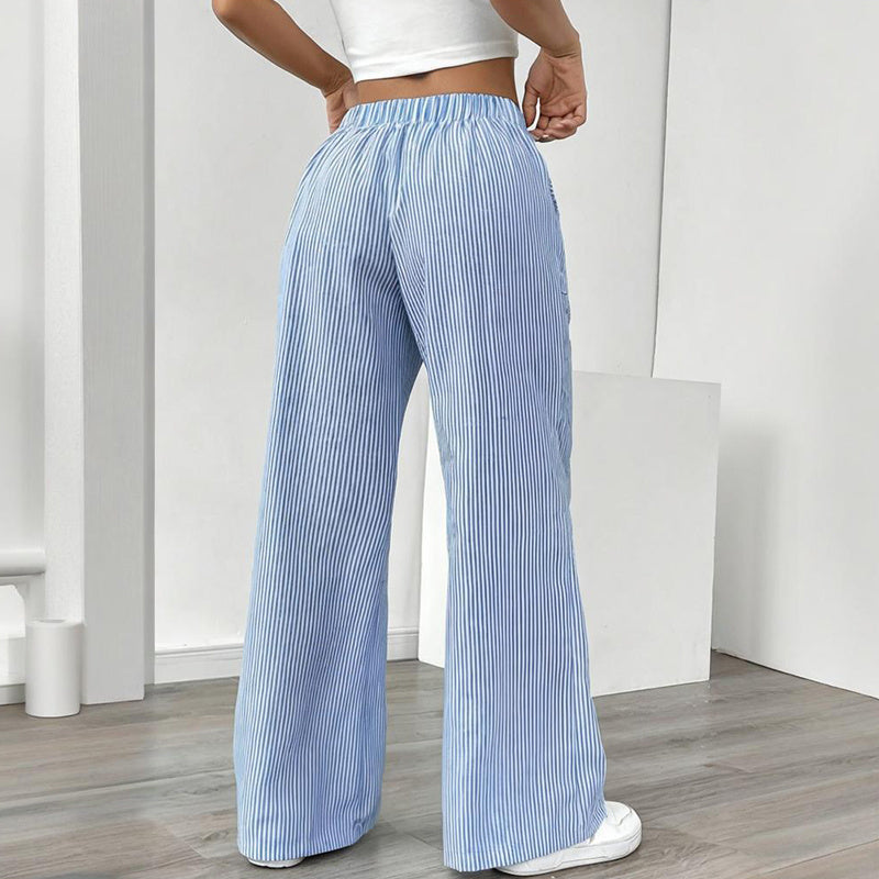 Women's Striped Print Straight Wide Leg Pants Drawstring Waist Slant