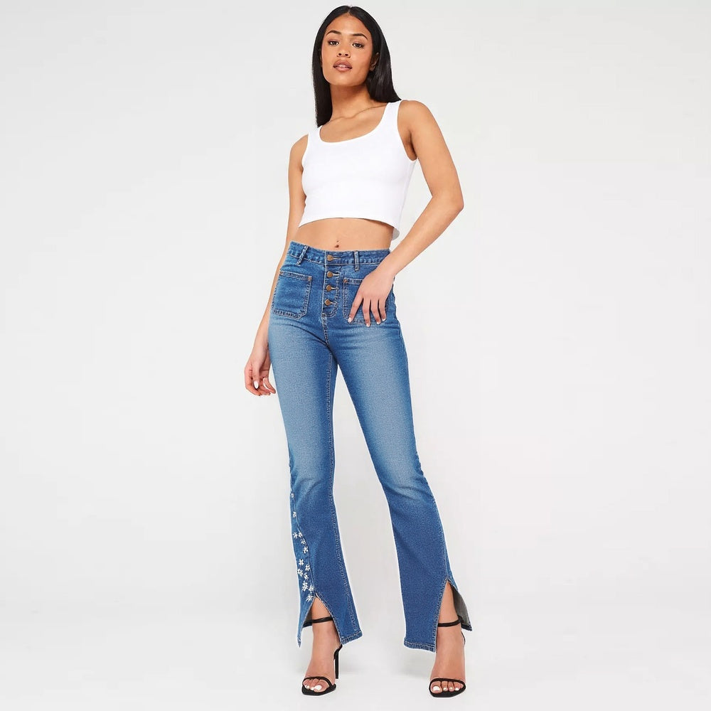 Women's High-Waist Star Patch Jeans, Wide-Leg Full-Length Jeans