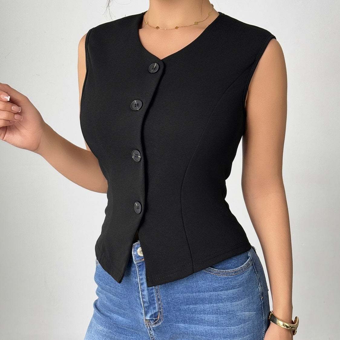 Ladies' Fashionable Temperament Sleeveless Front Button Simple